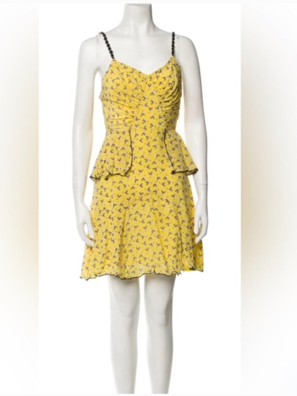 Anna Sui silk dress beaded straps, vintage pattern,yellow w/black stitching 6